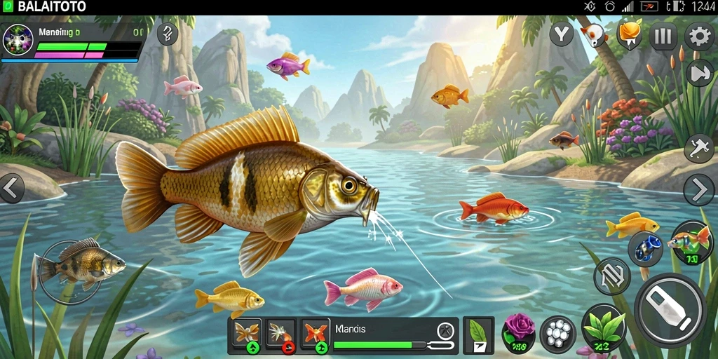 Cuplikan gameplay BALAITOTO dengan aksi memancing yang mendebarkan.