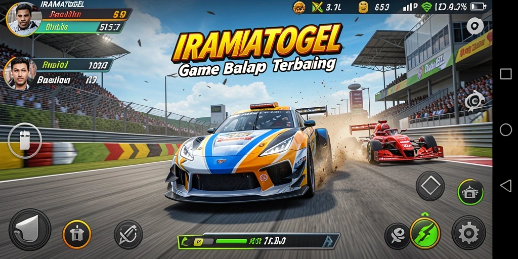 Screenshot gameplay IRAMATOGEL menampilkan mobil balap beraksi di lintasan.