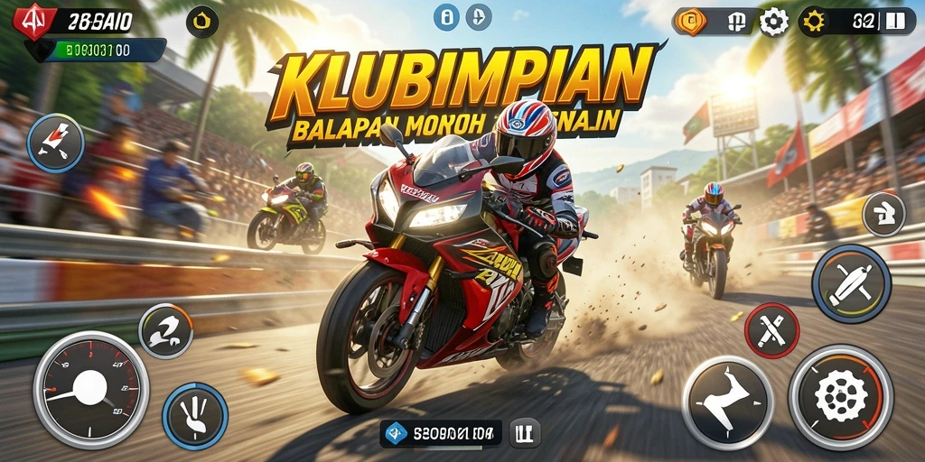 Tampilan gameplay KLUBIMPIAN dengan aksi balapan motor yang mendebarkan.