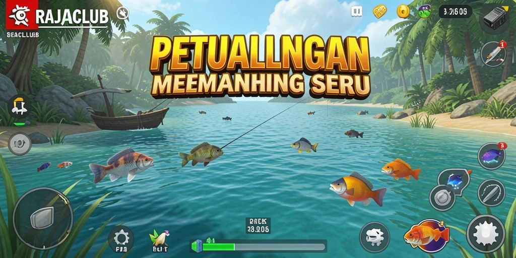 Gameplay RAJACLUB yang menampilkan petualangan memancing seru.