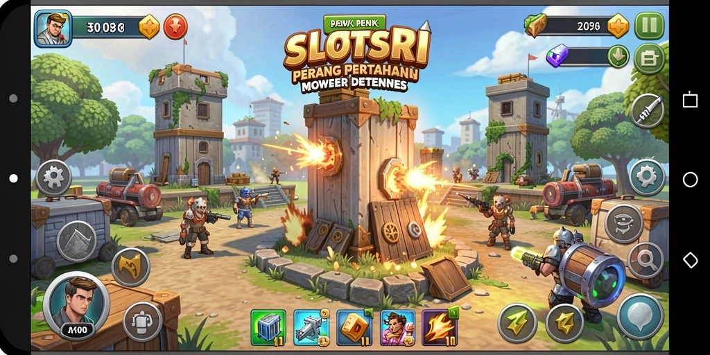 Tampilan gameplay SLOTSRI yang menarik dalam pertempuran Tower Defense.